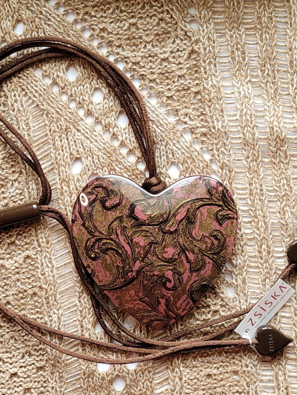 Zsiska Resin Heart Necklace Adjustable Satin Cord New With Tags - Picture 4 of 4